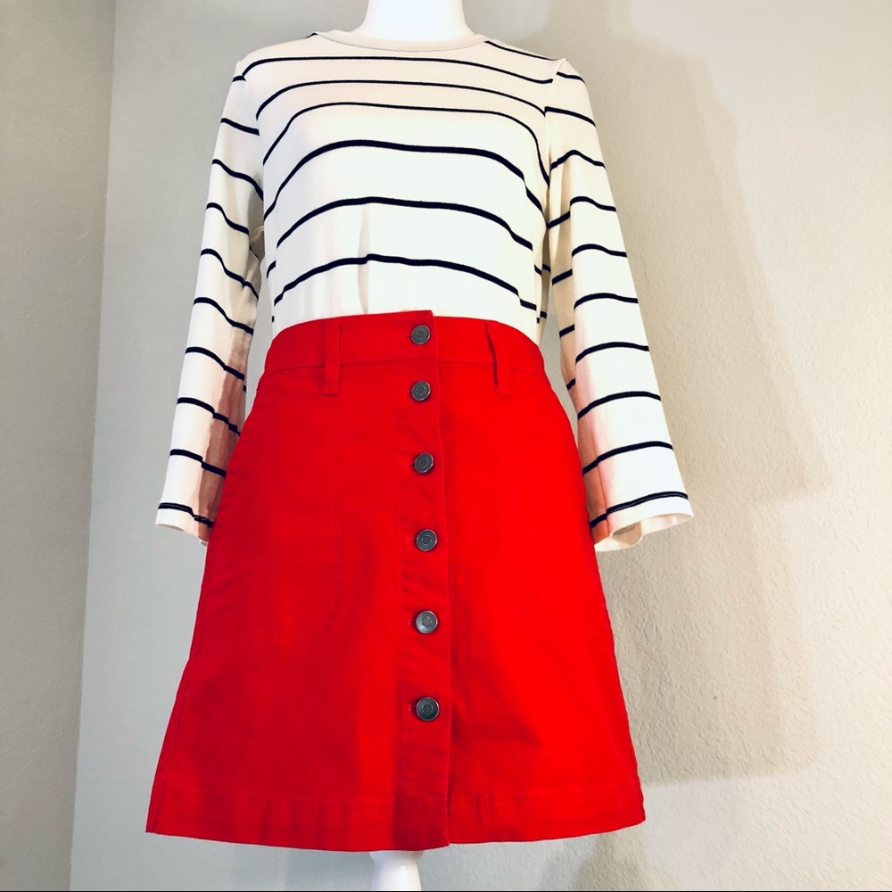 Tomato red J-crew twill button front skirt 0